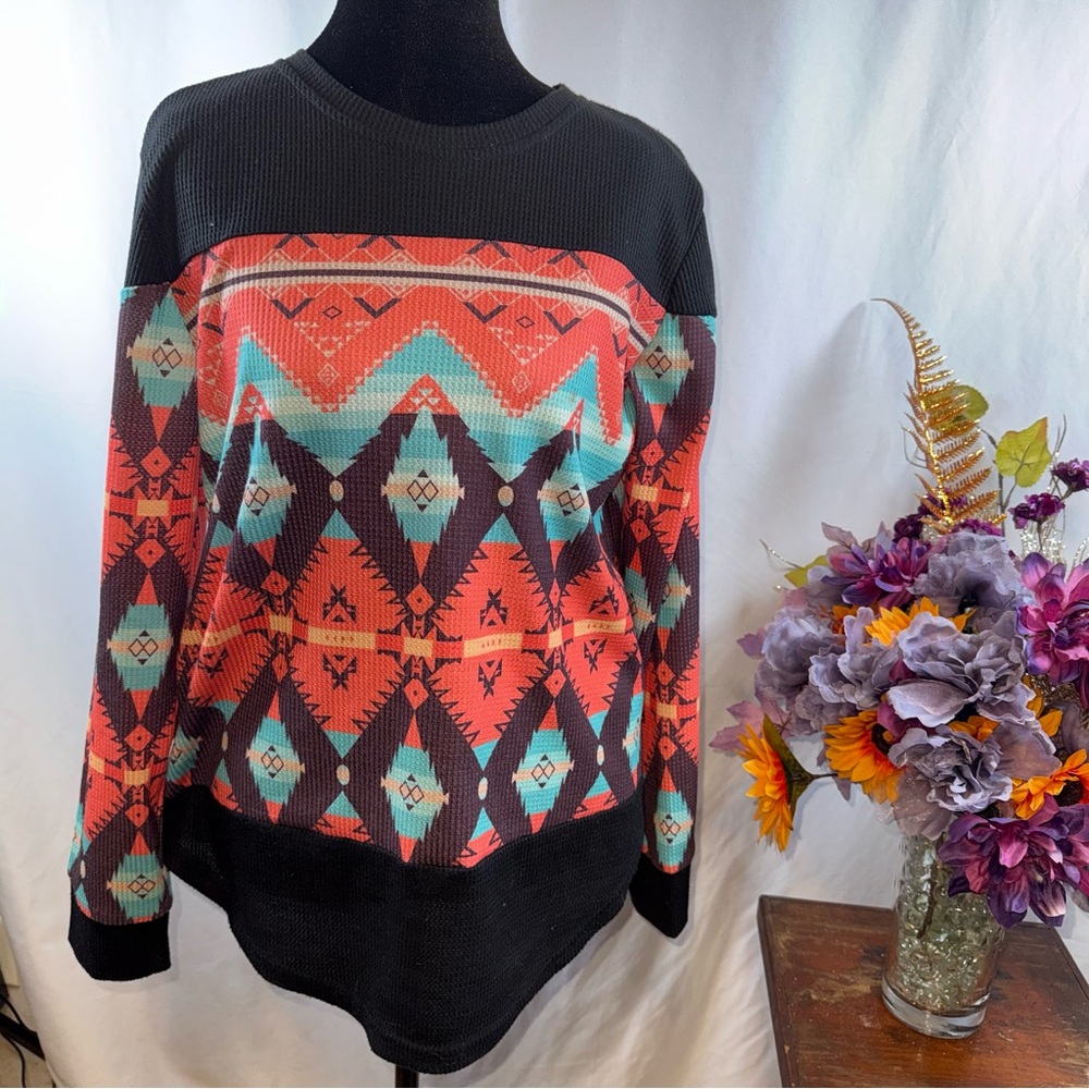 C+D+M Aztec Southwestern Waffle Knit Thermal Pullover Sweater M